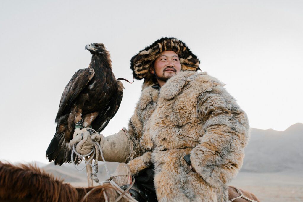 A Mongolian eagle hunter in fur coat with a golden eagle perched on arm in the mountains.